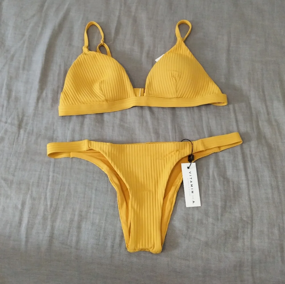 Vitamin A Moss Triangle Bikini Top Carmen Bottom Marigold